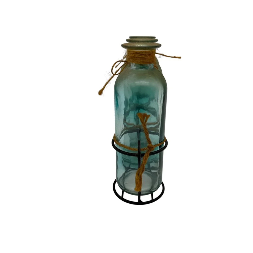 Unbranded Blue Glass Bottle Set 3 Piece with Metal‎ Rack Farmhouse Decor